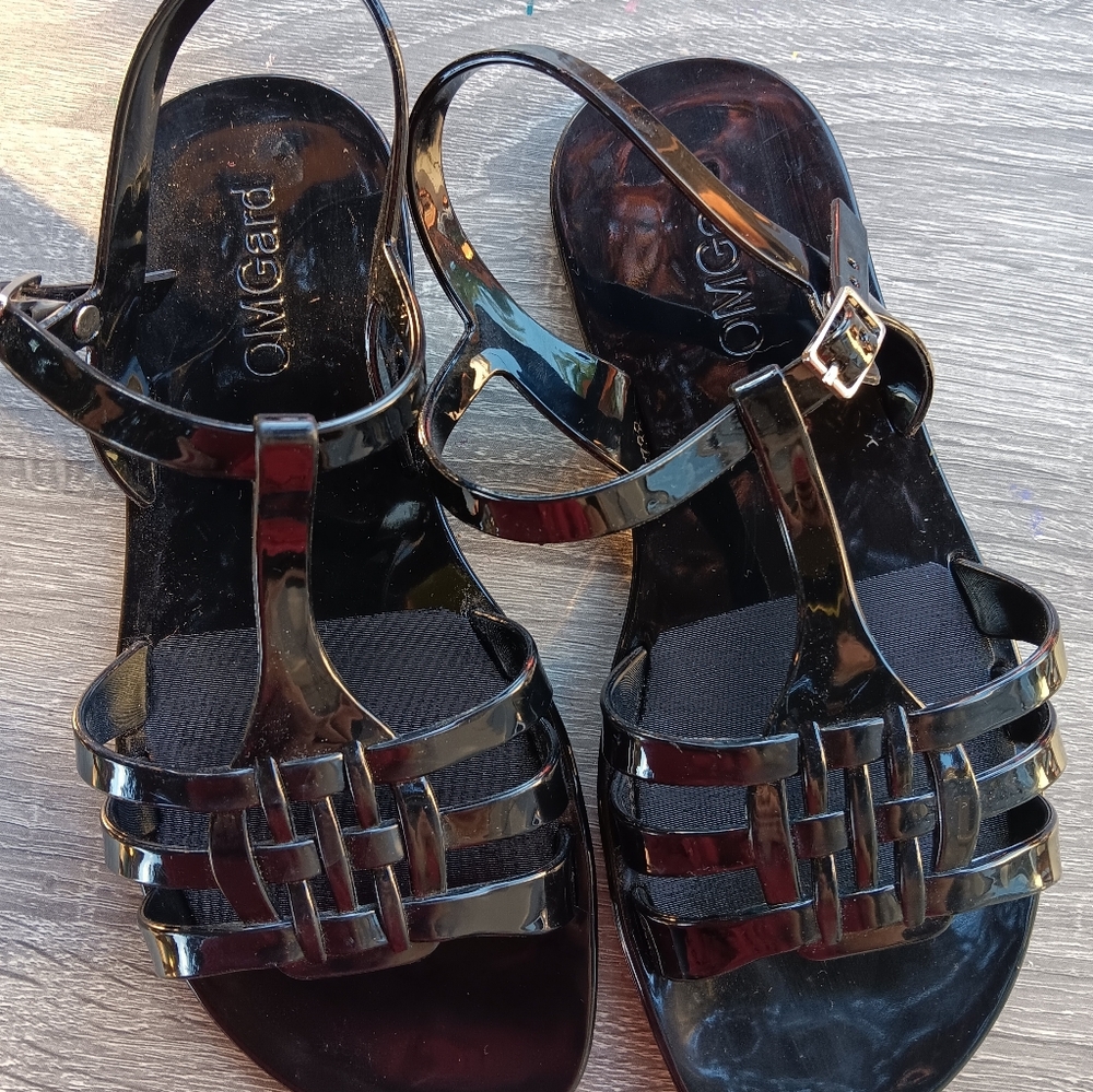 Women's Black Jelly Open Toe T-Strap Sandals Size 37
